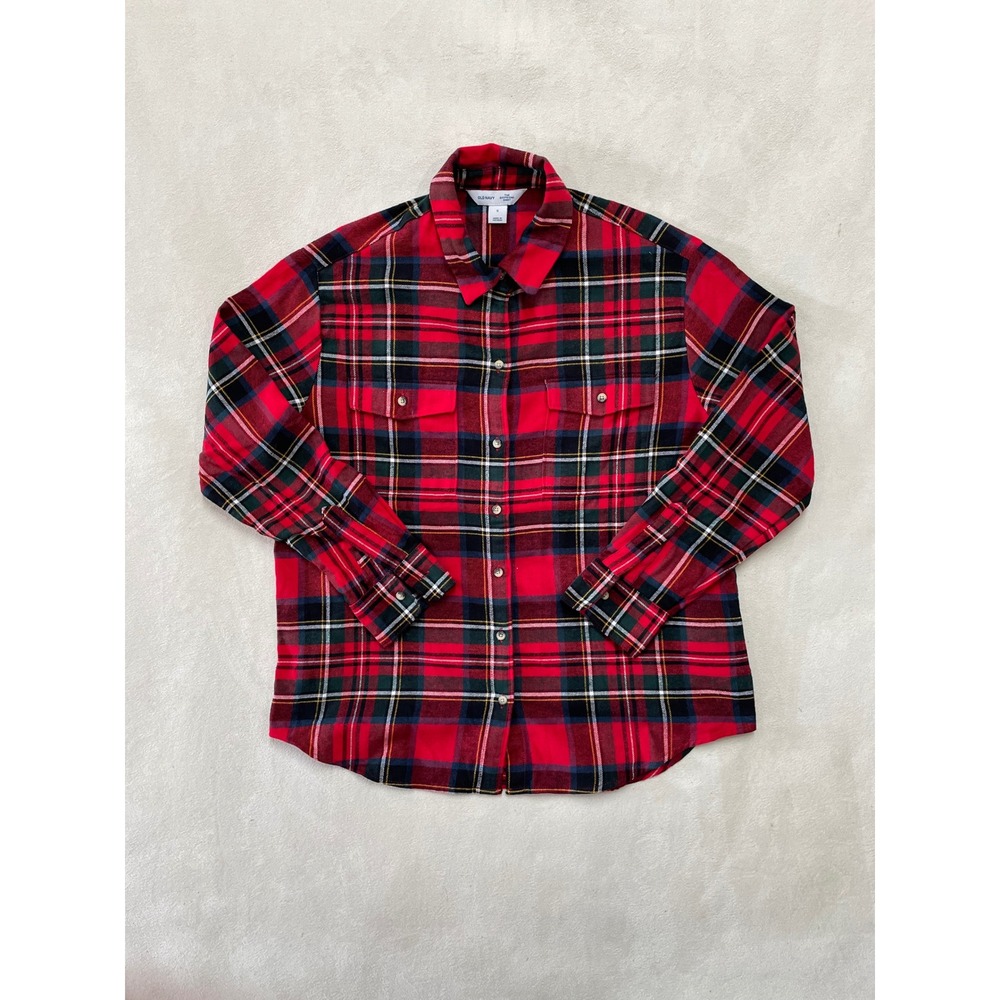 Old Navy Boyfriend Shirt Red Plaid Flannel Button Down Long Sleeve Small Y2K